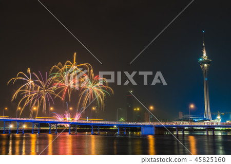 Beautiful firework with macau tower is landmark of macau city Beautiful firework with macau tower is landmark of macau city 45825160