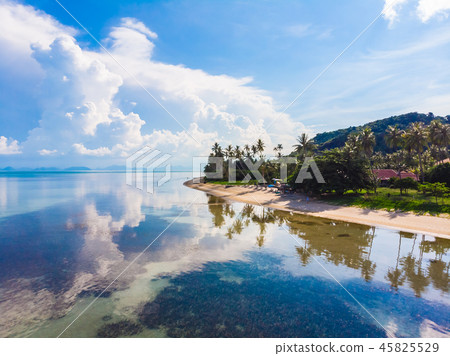 Aerial view of beautiful tropical beach and sea with palm and other tree in koh samui island 45825529