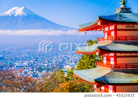 Beautiful landscape of mountain fuji with chureito pagoda around maple leaf tree in autumn season Beautiful landscape of mountain fuji with chureito pagoda around maple leaf tree in autumn season 45825635