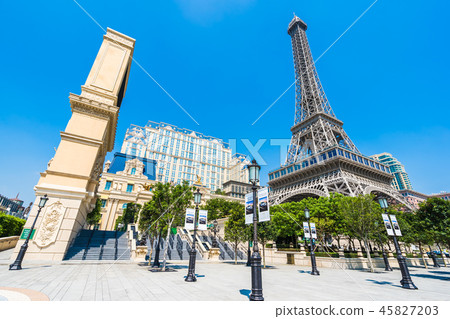 China, Macau - September 10 2018 - Beautiful eiffel tower landmark of parisian hotel and resort in macau city China, Macau - September 10 2018 - Beautiful eiffel tower landmark of parisian hotel and resort in macau city 45827203