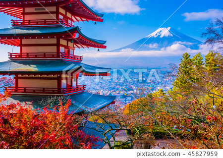 Beautiful landscape of mountain fuji with chureito pagoda around maple leaf tree in autumn season Beautiful landscape of mountain fuji with chureito pagoda around maple leaf tree in autumn season 45827959