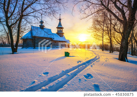 Russian church in winter forest Russian church in winter forest 45830875