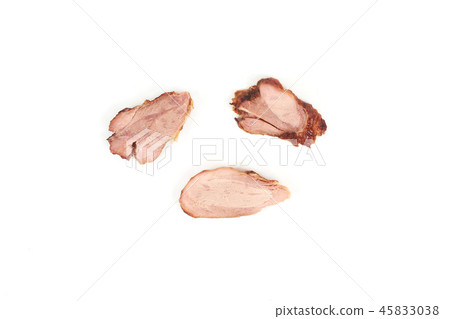 Slices of grilled chicken meat, isolated on white background. Slices of grilled chicken meat, isolated on white background. 45833038