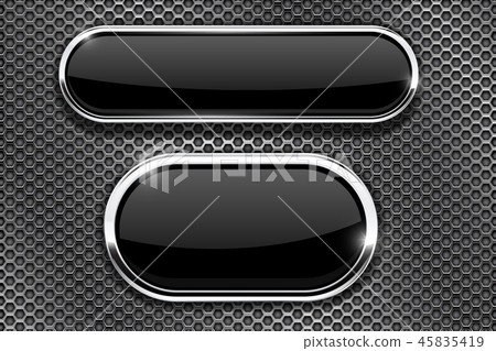 Black glass buttons with chrome frame. On metal perforated texture Black glass buttons with chrome frame. On metal perforated texture 45835419