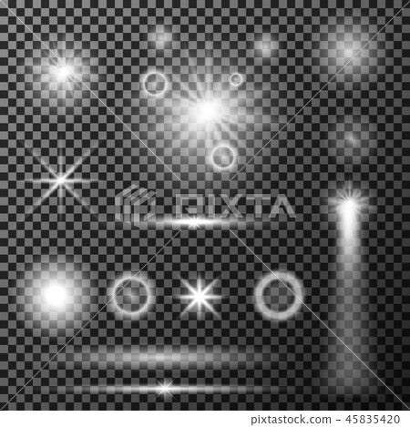 Light reflections set. Rays, shining, shimmering, flash on transparent background Light reflections set. Rays, shining, shimmering, flash on transparent background 45835420