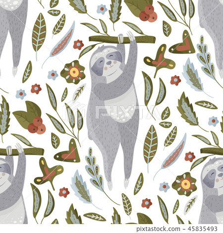 Seamless pattern with sloths in flat style. 45835493