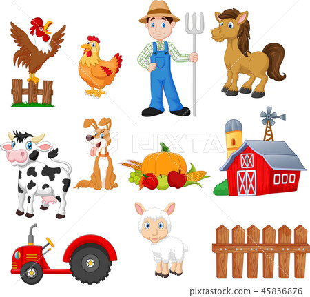 Set of farming cartoon with farmer, tractor, barn, 45836876