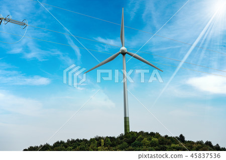 Wind Turbine with a Power Line on Blue Sky 45837536
