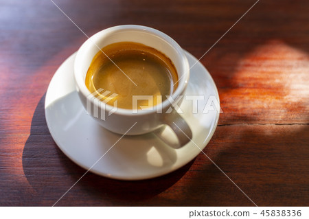Hot coffee on wood background. 45838336