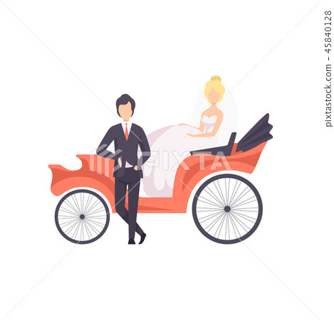 Elegant couple of newlyweds posing in a wedding carriage vector Illustration on a white background Elegant couple of newlyweds posing in a wedding carriage vector Illustration on a white background 45840128