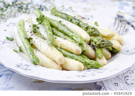 Codfish Fillet with green and white Asparagus and  45841929