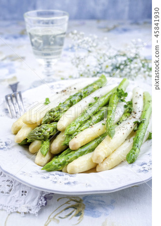 Codfish Fillet with green and white Asparagus and  45841930