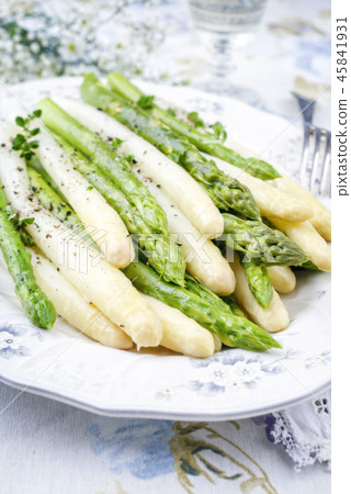 Codfish Fillet with green and white Asparagus and  45841931