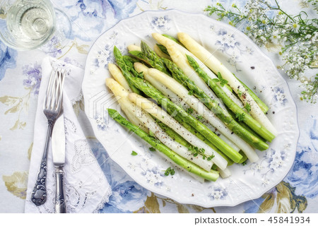 Codfish Fillet with green and white Asparagus and  45841934
