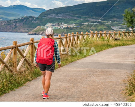Lonely Pilgrim with backpack walking the Camino 45843395