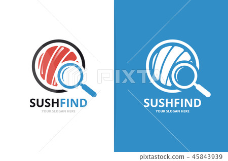 Vector sushi and loupe logo combination. Japanese food and magnifying symbol or icon. Unique seafood 45843939