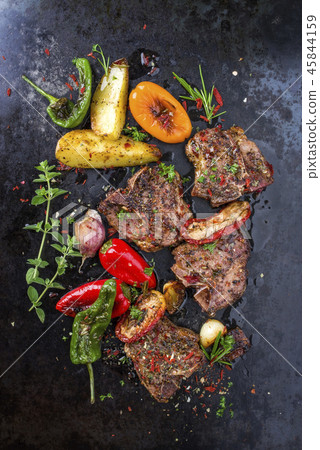 Barbecue T-bone lamb steak with Vegetable and seas Barbecue T-bone lamb steak with Vegetable and seas 45844159
