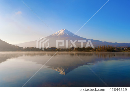 Reflection of Mountain Fuji with blue sky at sunrise near Fuji F 45844819