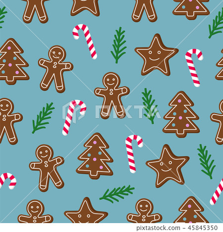 Christmas seamless pattern. Brown gingerbread man and Christmas Tree and star cookies with lolipop Christmas seamless pattern. Brown gingerbread man and Christmas Tree and star cookies with lolipop 45845350