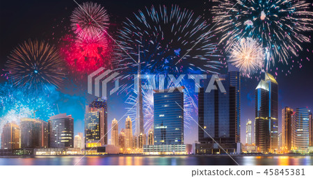 Beautiful fireworks above Dubai Business bay, UAE 45845381