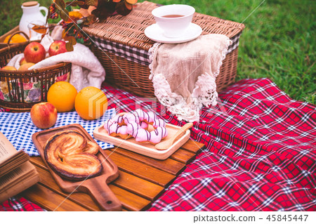 Summer picnic with a basket of food on blanket 45845447