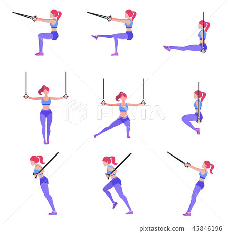 Set of woman doing different exercises with gymnastic rings TRX 45846196