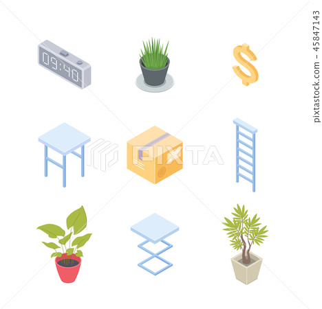 Workplace elements - modern vector colorful isometric objects Workplace elements - modern vector colorful isometric objects 45847143