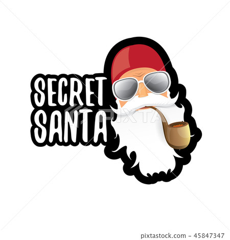 vector secret santa claus with sunglasses label or sticker isolated on white background. Secret vector secret santa claus with sunglasses label or sticker isolated on white background. Secret 45847347