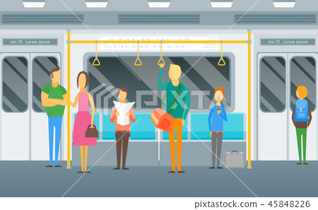 Cartoon People Standing in Subway Train Card Poster. Vector 45848226