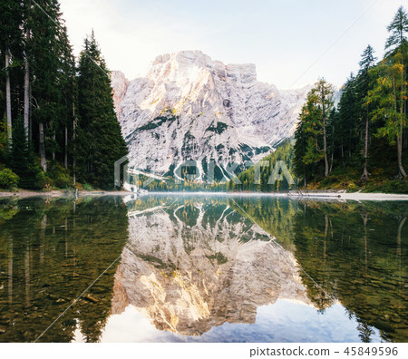 View of Braies Lake in Dolomites, Italy 45849596