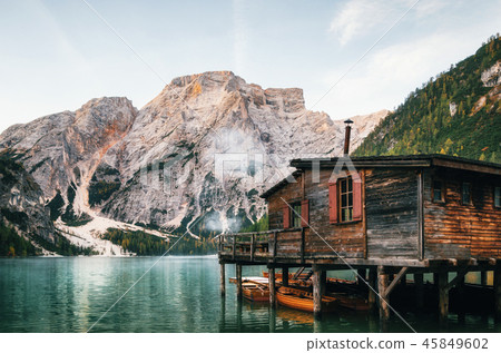 Panoramic view of Braies Lake in Dolomites, Italy 45849602