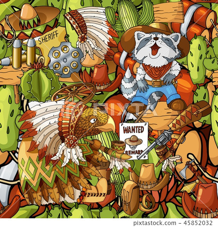 Seamless pattern of hand drawn wild west american cowboy indian icons filled 45852032