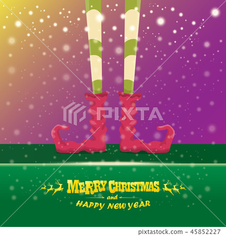 vector creative merry christmas greeting card with cartoon elfs legs, elf shoes and christmas 45852227