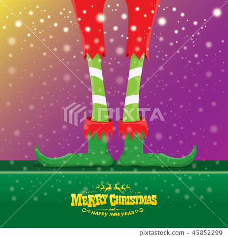 vector creative merry christmas greeting card with cartoon elfs legs, elf shoes and christmas 45852299