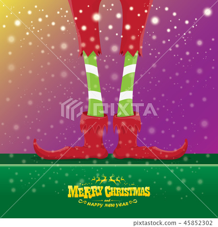 vector creative merry christmas greeting card with cartoon elfs legs, elf shoes and christmas 45852302