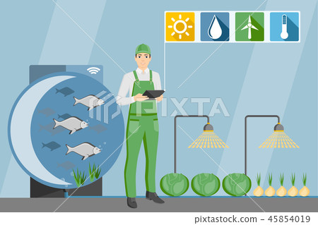 Farmer in the greenhouse with aquaponics system 45854019
