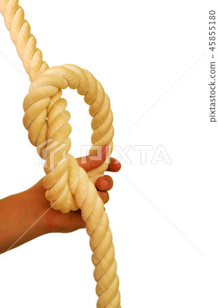 Rope loop in man's hand. Isolated on a white 45855180