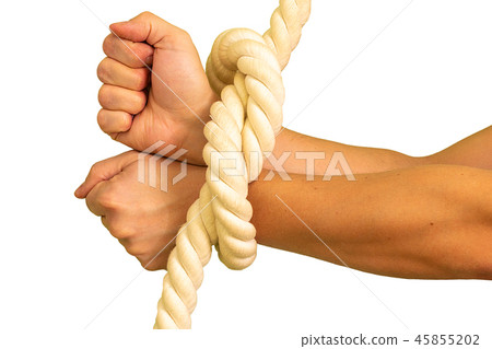 Men's hands are tied in ropes and clenched in their fists. 45855202
