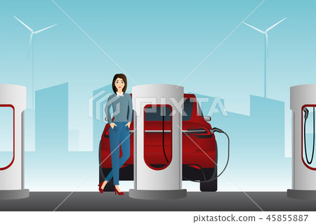 Woman with electric car Woman with electric car 45855887