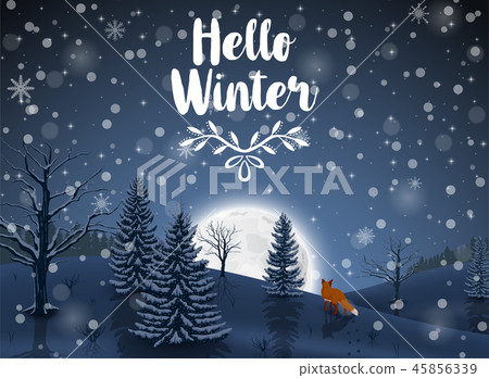 Happy Winter with evening Forest Landscape and fox 45856339
