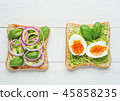 Two avocado toasts on white wooden background 45858235