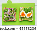 Two avocado toasts on green background 45858236