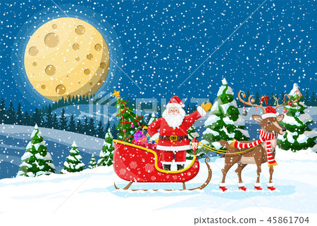 Christmas santa claus rides reindeer sleigh. 45861704