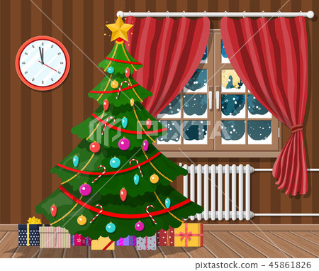 Interior of room with christmas tree and gifts 45861826