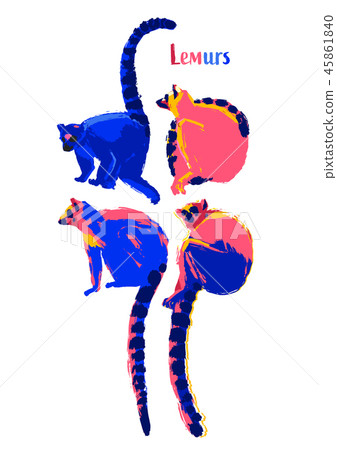 Collection of wild lemurs drawn in the technique of rough brush in vibrant colors Collection of wild lemurs drawn in the technique of rough brush in vibrant colors 45861840