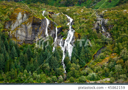 Photo of picturesque mountain landscape with pines, sky, mountain river Photo of picturesque mountain landscape with pines, sky, mountain river 45862159