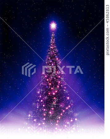 Christmas blue postcard with shiny purple Christmas tree with rays of light. Christmas blue postcard with shiny purple Christmas tree with rays of light. 45862813