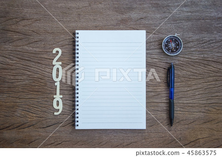 Top view, flat lay office supply note book. 45863575