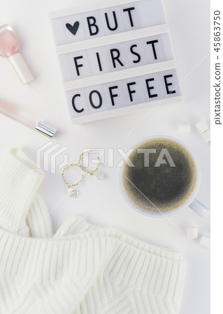 But first coffee text on lightbox with Coffee Cup But first coffee text on lightbox with Coffee Cup 45863750