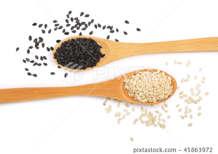Black and white sesame seeds in a wooden spoon isolated on white background top view Black and white sesame seeds in a wooden spoon isolated on white background top view 45863972